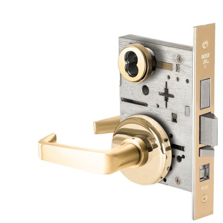 BEST Grade 1 Office Mortise Lock, 15 Lever, H Rose, SFIC Housing Less Core, Bright Brass Finish 45H7AB15H605